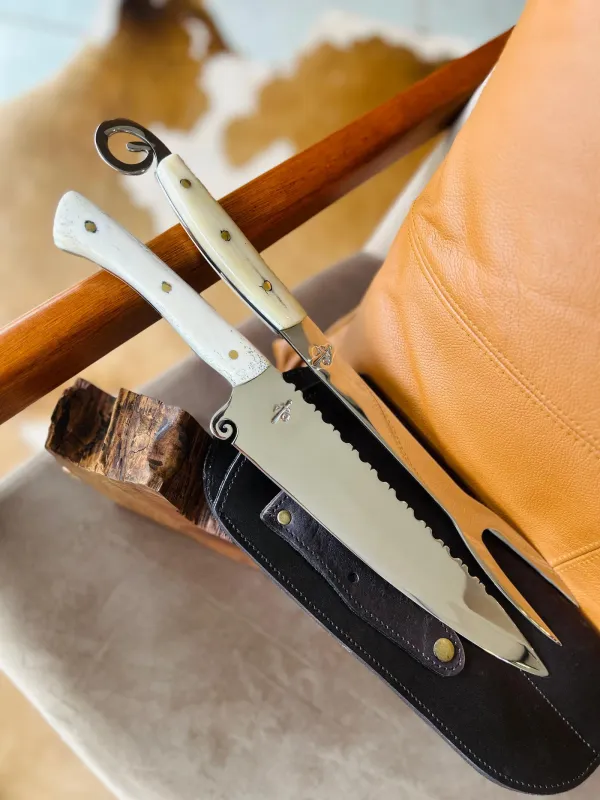 Conjunto Artesanal Valgran - Linea Fultang Cuchillo + Tenedor Mango en Hueso